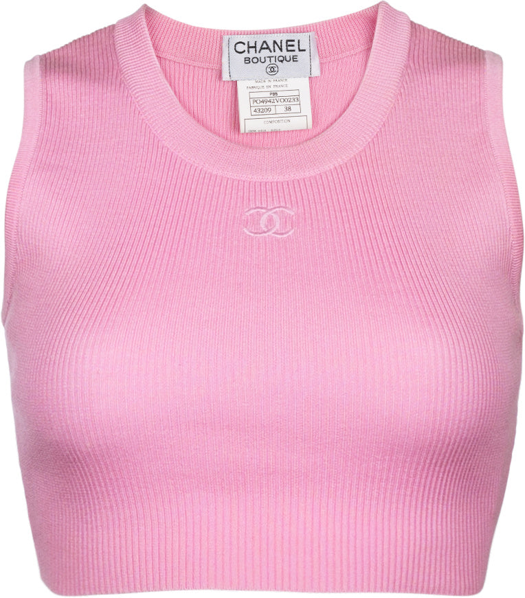 Chanel Pink RIbbed Cotton T-Shirt with CC Logo Detail FR 34 (UK 6