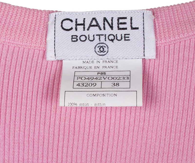 CHANEL Vintage XS/36 Coco Mark Logo Rib Top Pink Cotton Button Ribbed