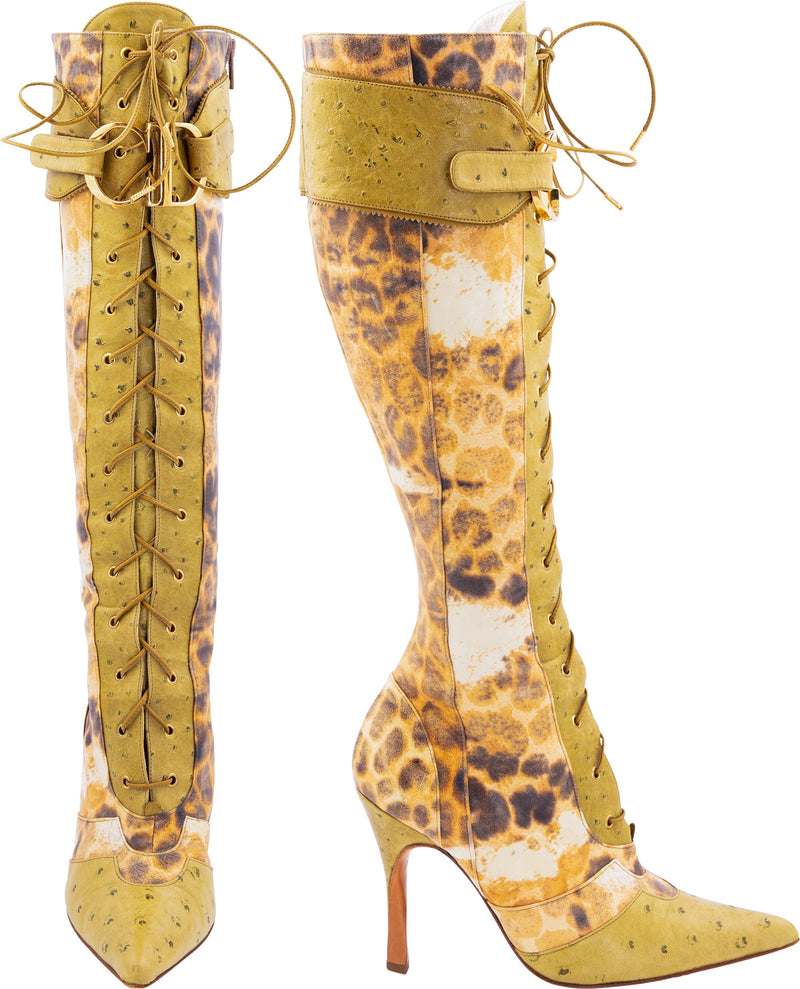 Christian Dior Gold Ostrich Leather Lace up High Heel Boots