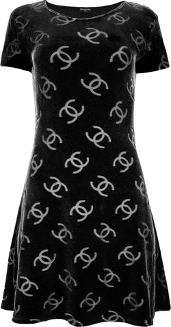 Chanel Spring 1996 Black Velour Logo Mini Dress
