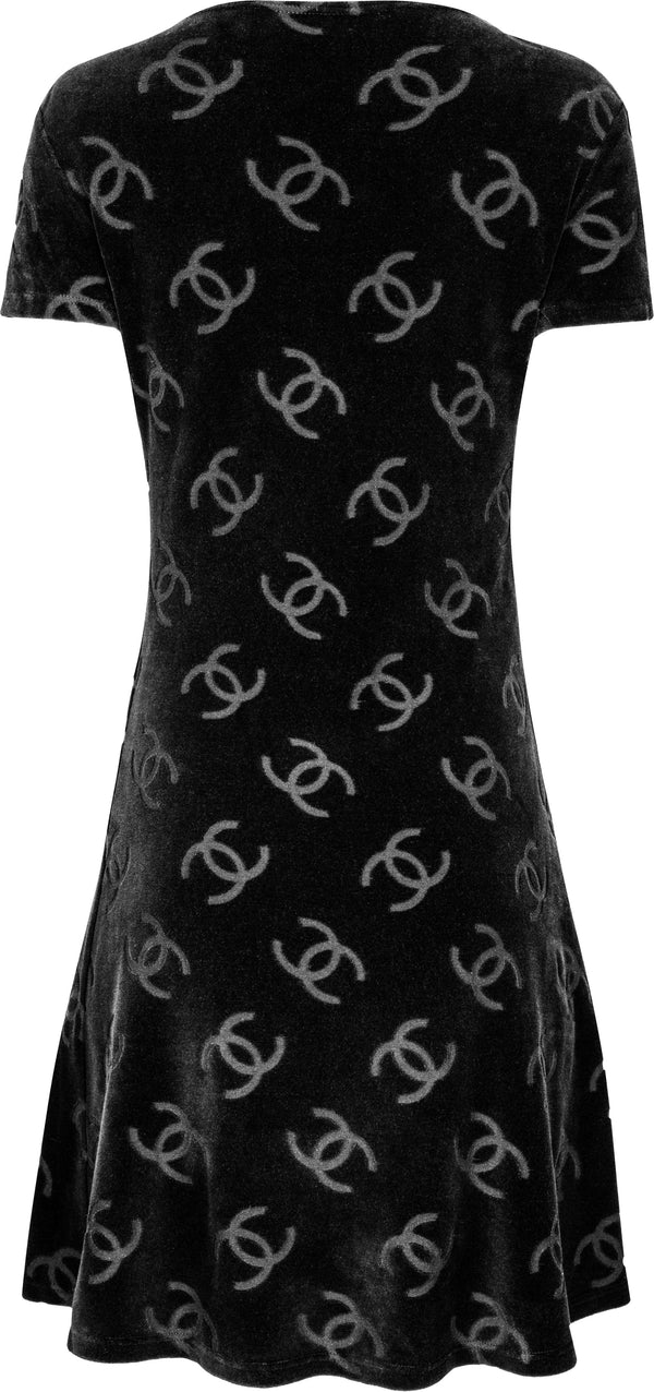 Chanel Black Velour Logo Spring 1996 Mini Dress