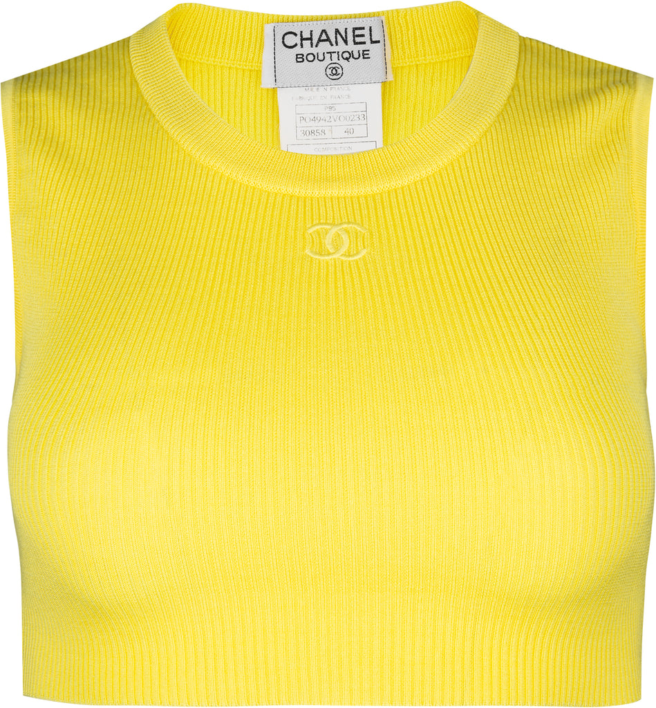 Chanel Spring 1995 Yellow Ribbed Logo Crop Top