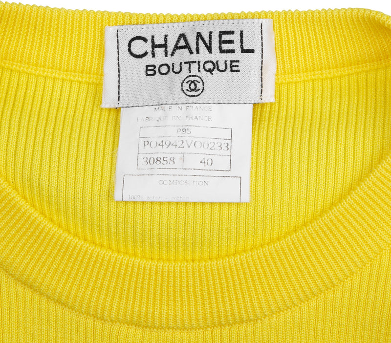 Chanel Spring 1995 Yellow Ribbed Logo Crop Top