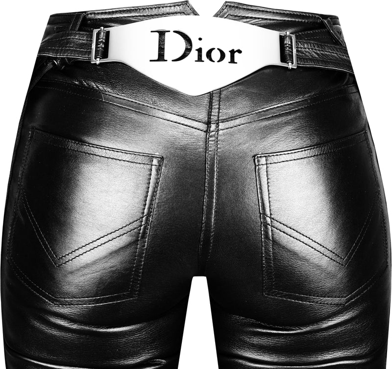 Christian Dior Fall 2002 Embellished Plate Logo Leather Pants