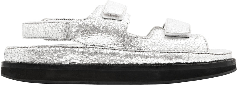 Chanel Metallic Silver Logo Dad Sandals