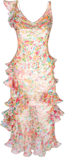Christian Dior Spring 2002 Silk Chiffon Floral Ruffle Dress