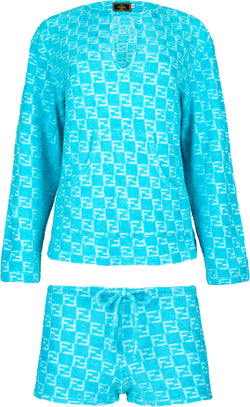 Fendi Turquoise Monogram Terrycloth Top Shorts Set