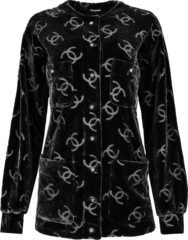 Chanel Black Velour Logo Spring 1996 Runway Jacket