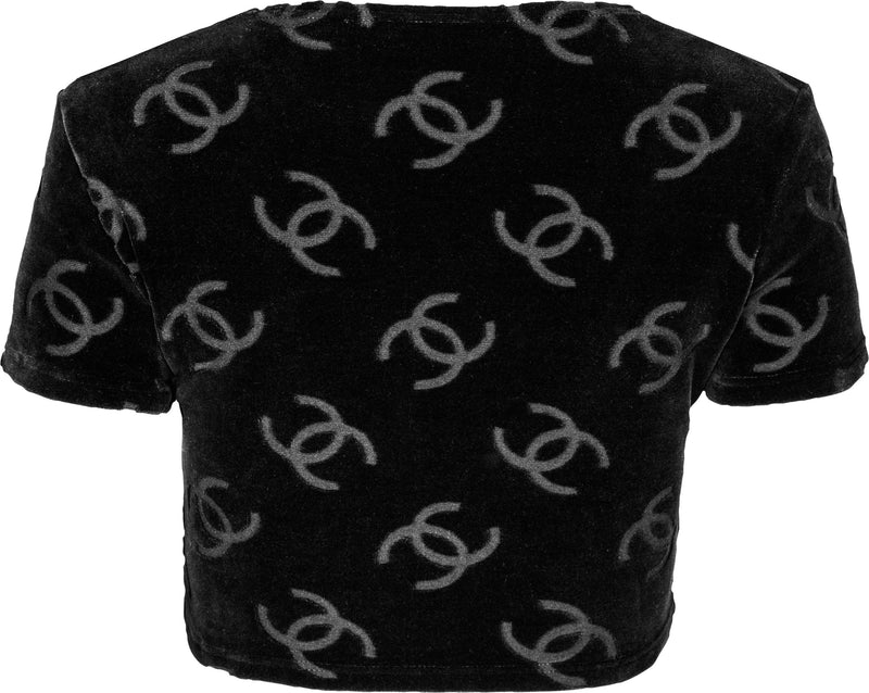 Chanel Black Velour Logo Spring 1996 Crop Top