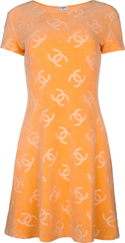 Chanel Tangerine Velour Logo Spring 1996 Mini Dress