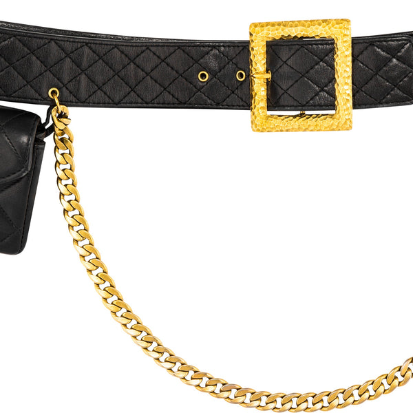 Chanel Vintage Black Quilted Calfskin CC Medallion Waist Bag Gold