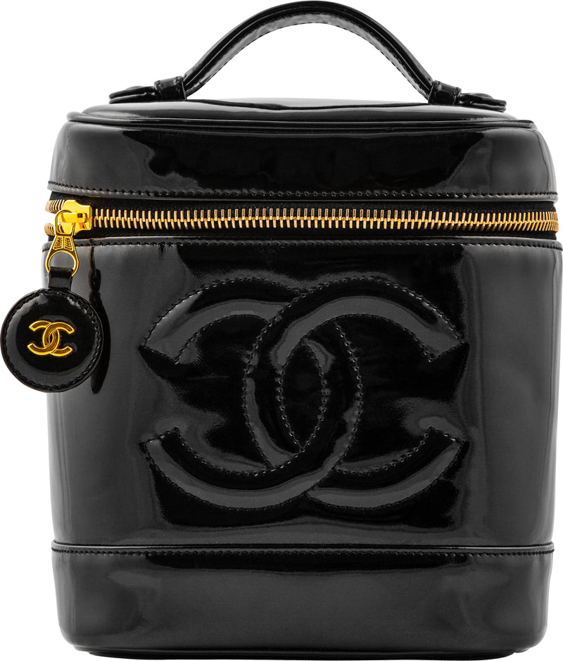 Chanel Black Patent Leather Vintage CC Vanity Case Top Handle Bag