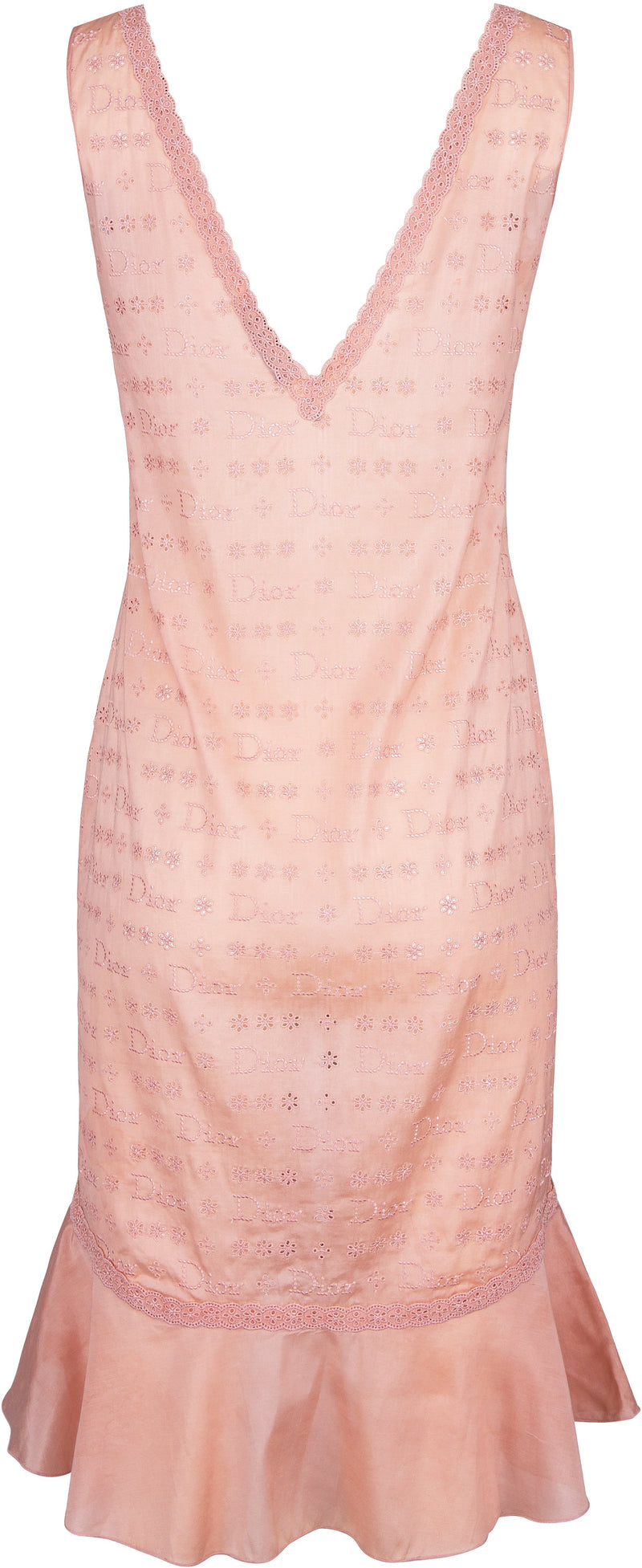 Christian Dior Pink Embroidered Logo Eyelet Ruffle Dress